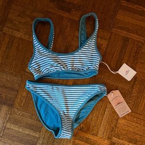 Faherty Teal and White Striped Bikini